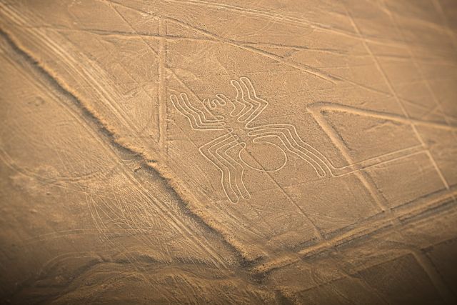 Nazca Lines Day Trip – aerial view of the Spider geoglyph etched into the desert plateau.