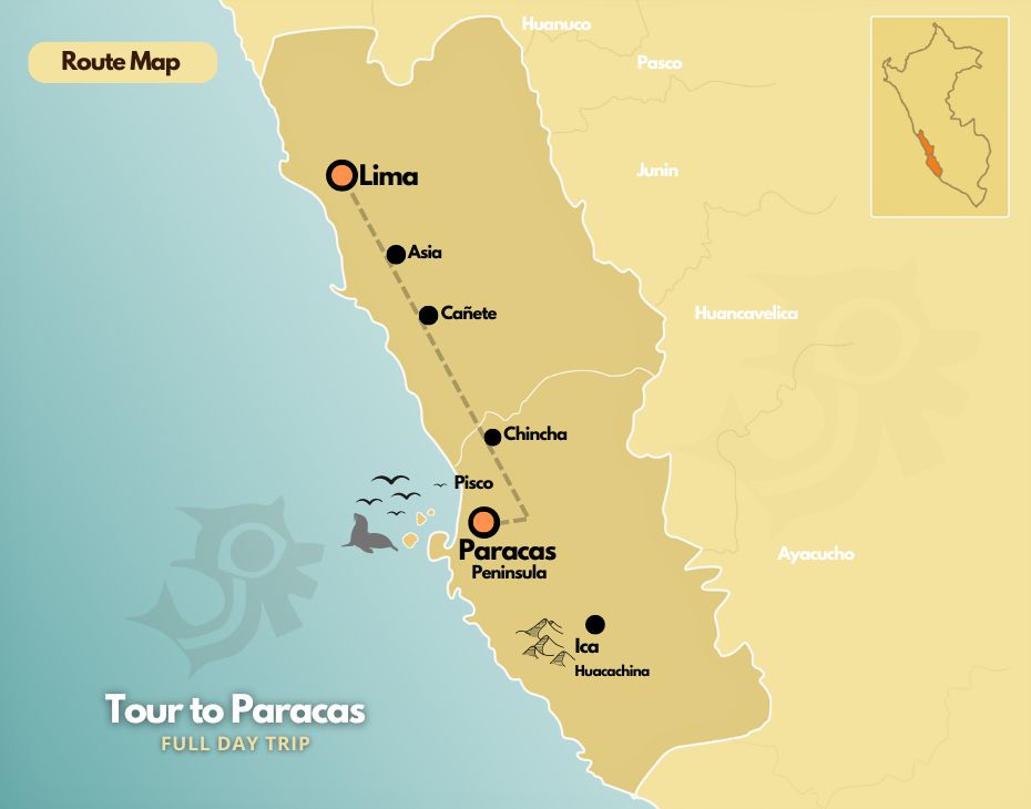 Map of the Full Day Tour to Paracas from Lima.