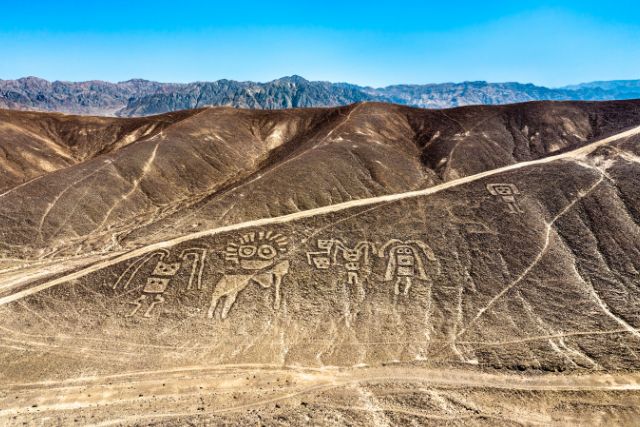 The Palpa Lines and geoglyphs seen from the Palpa Tower in the desert hills of Peru.