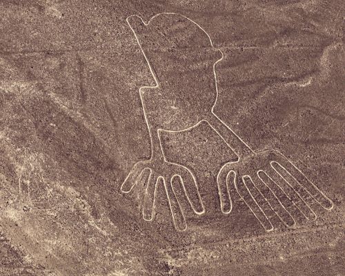 Aerial photo of the Nazca Hands geoglyph carved into the desert floor