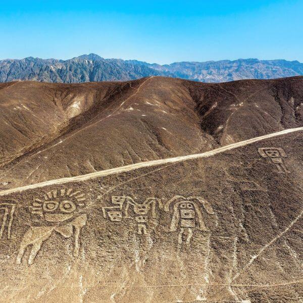 Aerial perspective of enigmatic hill figures carved in the Palpa region near Nazca