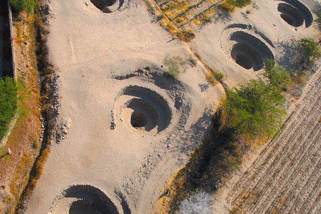 Aerial view of the Cantayo Aqueducts, spiral-shaped underground water system built by the Nazca