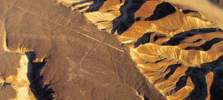 The famous Hummingbird geoglyph seen clearly from the air over Nazca
