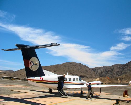 Boarding a King Air 200 at Nazca Airport