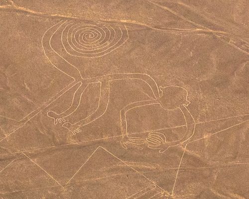 Aerial view of the Monkey geoglyph among the Nazca Lines.