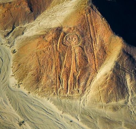 The Astronaut geoglyph etched on a hillside in the Nazca Desert