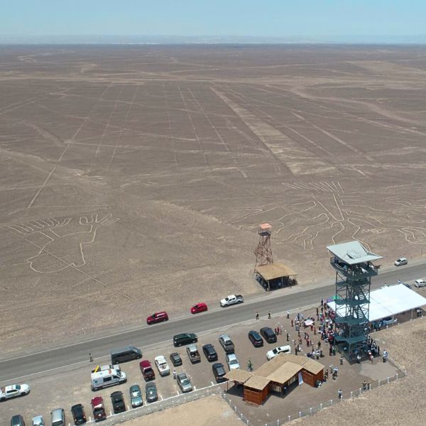 Aerial view of the Nazca Lines tower and the Hands and Tree figures