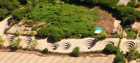 Aerial view of Cantayo spiral puquios in Nazca.