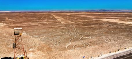 Panoramic view of the Nazca Lines as seen from the observation tower, including the Hands and Tree figures.